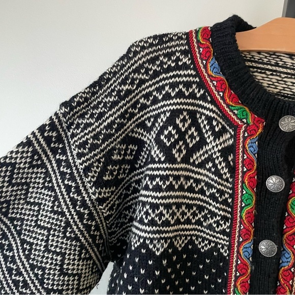 Vintage Norwegian 100% Wool Knit Cardigan Sweater Norway Fair Isle Scandinavian - Picture 3 of 9